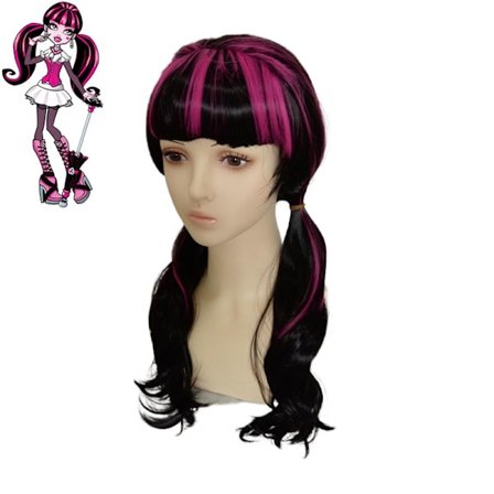 Draculaura Cosplaydrakt Parykk Langt Svart Rosa Varmebestandig Syntetisk Hår Halloweenfest Rollespill Karneval Rekvisitter-FS-