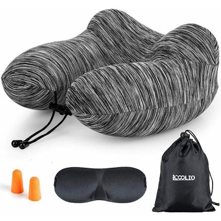 Oppustelig rejsepude til bil, tog og fly, nakkepude, med sovemaske, ørepropper og letvægts bæretaske med vaskbart betræk - longziming