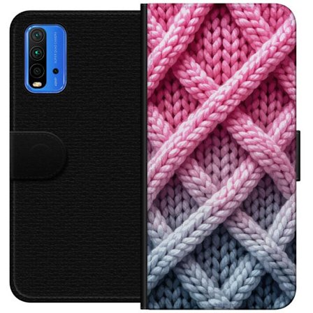 Yhteensopiva Lompakkokotelo Xiaomi Redmi Note 9 4G Lähikuva kudotusta tekstiilikuviosta vaaleanpunaisissa, harmaissa ja valkoisissa sävyissä, joiss