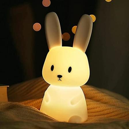 LED Søt Kanin Baby Nattlys Barnelys 7 Fargevariasjoner Bærbar Dyr Silikonlys USB Oppladbar Kanin Nattlys For Barn