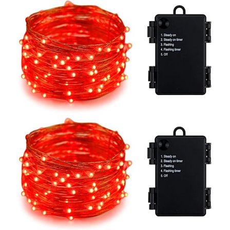 Innendørs og utendørs vanntette batteridrevne 100 LED lyslenker på 10 meter lang ultratynn kobbertråd med timer (Rød, 2 pakke) Rød 2 Rød
