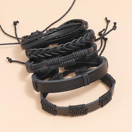 Set med 5 handgjorda läderarmband för män - WELLNGS Sort