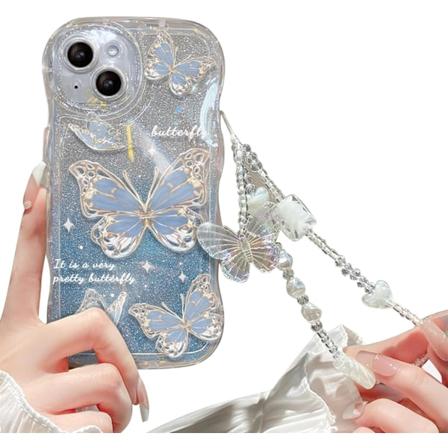 Kompatibel med iPhone for kvinner/jenter, søt sommerfugl glitter bling med armbånd anti-ripe støtsikker deksel for iPhone, blå med armbånd Blue iPhone