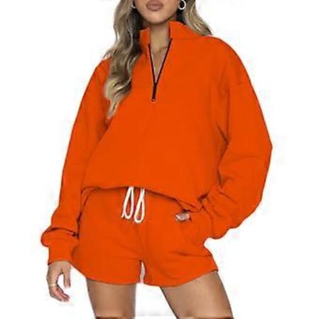 Oversized 2-delt loungesæt til kvinder, langærmet lynlås, standkrave, hættetrøjer, sweatshirt, shorts, outfit, træningssæt, orange rød S(S orange rød)