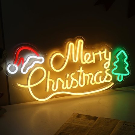 Glædelig Jul Neonskilte, 42,4*20,1 cm LED Julelys med Juletræ og Julemandshat til Væg, Vindue, Fest, Bar, Pub, Klub, Børneværelsesindretning