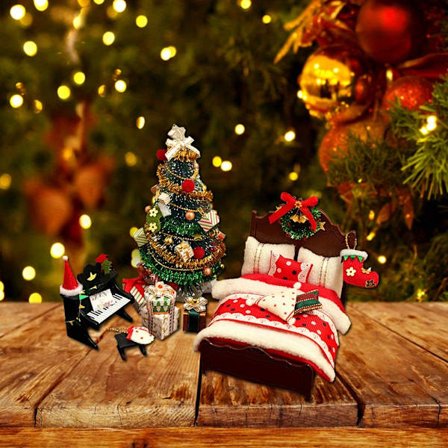 Miniatyr Dukkehus Jule-sett - Håndlagde Tremøbler med Rødt & Hvit Rutete Seng, Grønt Tre og Festlig Dekor [DB]