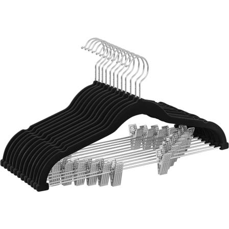 Byxhängare, 12-pack, Sammet, Längd 42,5 cm, Med justerbara klämmor, halkfria, platsbesparande,