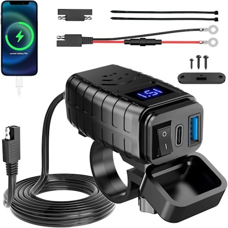 Vanntett 12V motorsykkel USB-kontakt, Type-C & USB-lader med av/på-bryter og LED-voltmeter, SAE til USB Quick Charge 3.0 USB-C-kontakt for 12V~24V M