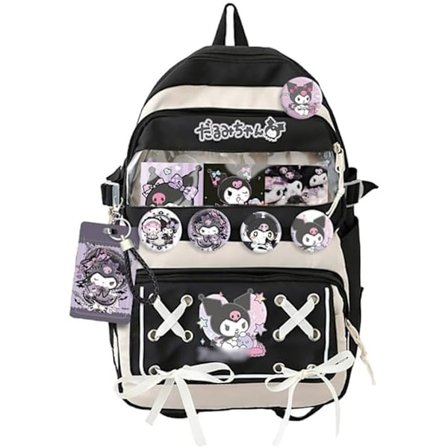 Anime Kanelbolle Ryggsekk med Nål Kawaii Ita Veske Svart College Skolesekk Kul Reiseryggsekk for Tenåringsgutter Skolesesonggaver - Svart - Perfekt