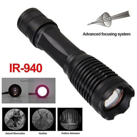 IR 940nm Ficklampa, Infraröd LED-belysare Zoombar Infraröd Ficklampa med Konvex Lins för Nattsynjakt - Används med Nattsynutrustning