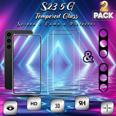 2-Pack Samsung S23 (5G) Skärmskydd & 2-Pack linsskydd - Härdat Glas 9H - Super kvalitet 3D