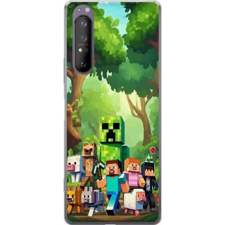 Yhteensopiva Puhelinkuori Sony Xperia 1 II Jämäkkä pikselöity pelimaailma, jossa vihreät hahmot ja eläimet rehevässä metsäympäristössä