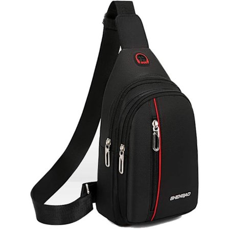 Lille slynge crossbody taske bryst skulder rejsetaske casual daypack slynge taske til mænd kvinder med hovedtelefon hul vandtæt (sort)