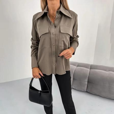 Kvinnor Enfärgad Button Down Toppar Lapel Neck Casual Tunika Skjorta