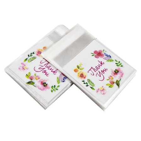 100 kpl Kiitos Kukka Kuvio Lahjapussi Itseliimautuva Makeispussi Evästepussi Selluloosapussi Pakkauspussi Juhla-suosiopussi (7 x 7 + 3cm)