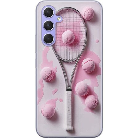 Kompatibelt Mobilskal till Samsung Samsung Galaxy A54 Rosa glasskulor och tennisrack i en kreativ stillbild med lekfull popkänsla och modern design s