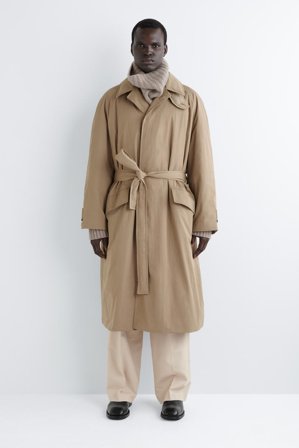 COS Men's Padded Belted Funnel-Neck Long Coat in Beige