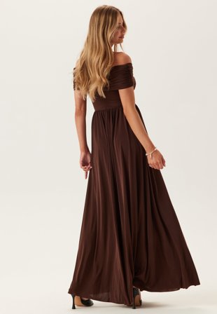 Goddiva-Bardot Rouched Maxi Split Dress-XS (UK8)
