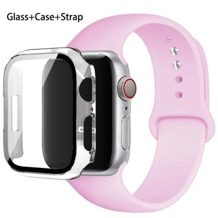 Glas+ Case+ Rem För Apple Watch -band 44mm 45mm 42mm 41mm 40mm 38mm Silikonarmband iWatch-serien 8 9 7 6 5 4 3 SE 12 Pink 45mm series 7 8 9