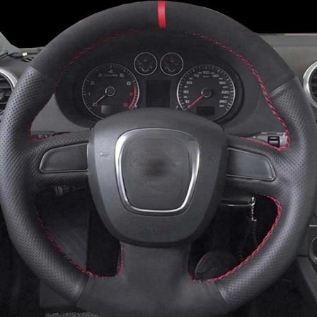 DIY svart äkta läder bilratt skydd för kompatibel med Audi A5 2008-2010 A3 (8P) 2008-2013 A6 (C6) A4 (B8) 2008-2010