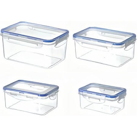 4-delt madopbevaringsbeholder med låg, ikke-giftig, BPA-fri med 4 låsetapper, kan opvarmes og afkøles. Tåler mikroovn, opvaskemaskine og fryser.