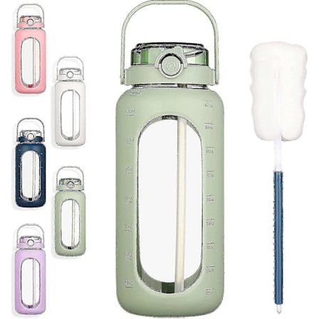 Bluego 64oz Glass Vannflasker Med Straw Time Marker Halv Gallon Stor Motiverende Vannflaske Med Silikonhylse 2l Stor Glass Vannkanne