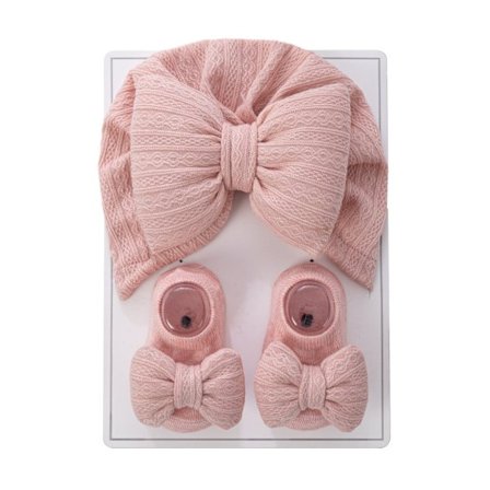 Gränsöverskridande baby halogen skydd dörr huvudduk hatt, nyfödd bomullsfylld stor rosett stickad hatt, ren bomullsstrumpset