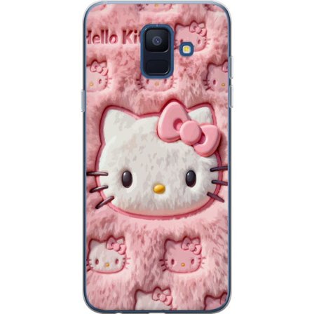 Yhteensopiva Puhelinkuori Samsung Galaxy A6 (2018) Hello Kitty vaaleanpunainen pörröinen tausta, jossa on ikoninen kasvot ja kawaii-esteettisyys