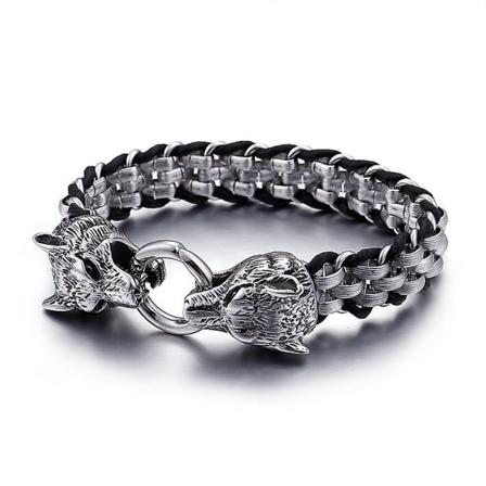Herre Retro Bredt Rustfrit Stål Læderarmbånd, Punk Rock Dobbelt Dranehoved