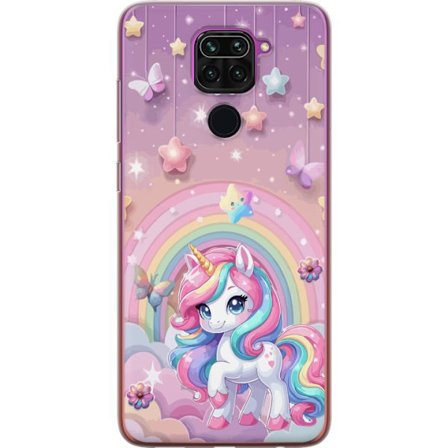 Kompatibel Mobilcover til Xiaomi Redmi Note 9 Magisk enhjørning med regnbue manke, stjerner og sommerfugle mod en pastelfarvet himmel med skyer