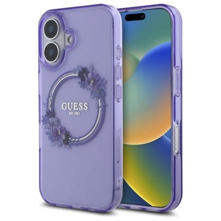 Guess IML Flowers Wreath MagSafe iPhone 16 kotelo - violetti