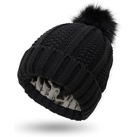 Dame Satin-foret Vinterlue med Kunstig Pels Pom Cuffed Wa