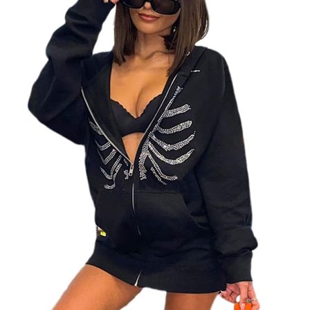 Unisex Zip Oversized Rhinestone kull Hoodie weatshirt Jacka W
