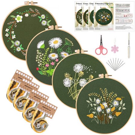 4-delt broderisæt til voksne, broderi for begyndere, komplet mindful blomster DIY håndværkssæt med fortrykte stoffer, rammer, tråde, værktøj, grøn