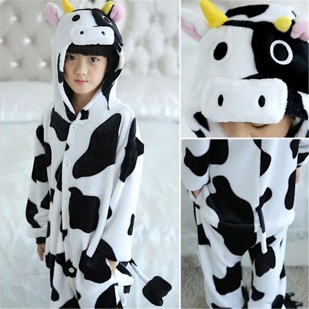 Unisex Barn Flanell Onesie Pyjamas, Cosplay Dyrekostyme Ett Stykke Halloween Nattøy Nattklær for Gutter Jenter Ku Cow_OF