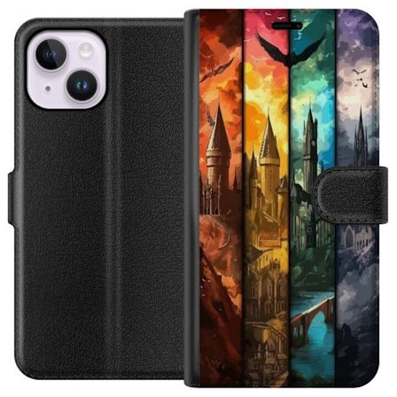 Kompatibel Tegnebogsetui til Apple Apple iPhone 15 Plus Fire magiske slotte i forskellige elementfarver, episk fantasykunst med ild vand luft og mørk