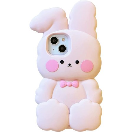 Søtt 3D Silikon Kanin Deksel Kompatibelt med iPhone 15 Pro Max, Kawaii Bomulls Kanin Telefondeksel