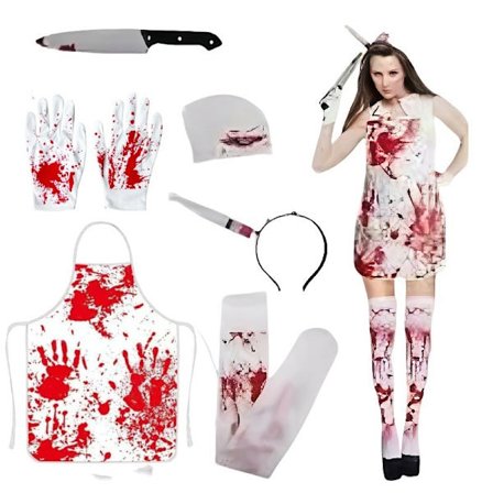 Verinen esiliina kauhupukusetti – Halloween-teurastaja cosplay väärennetyillä veritahroilla * Naissairaanhoitajan puku 2 * Yksi koko 