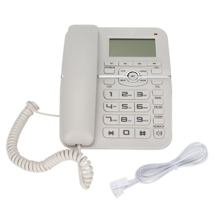 Ledning fastnettelefon med fuld håndfri funktion, 4 hurtigopkald, skrivebordstelefon med LCD-skærm til hjem, hotel, hvid