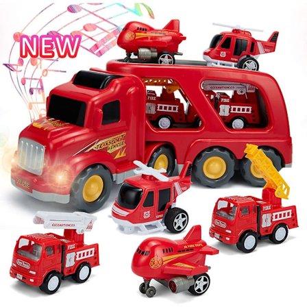 Brandbilsleksaksset med ljud och ljus, 1 transportlastbil, 2 räddningsfordon, 1 helikopter, 1 flygplan, 5-i-1 leksaksfordon