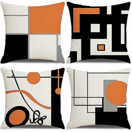 Pudebetræk, sæt med 4 bomuld og linned moderne sort orange geometrisk mønster dekorativt pudebetræk dekoration 45 x 45 cm til sofa soveværelse