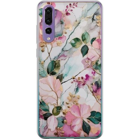 Kompatibel Mobilcover til Huawei P20 Pro Abstrakt marmormønster med blomster, blade og gyldne detaljer i bløde pastelfarver