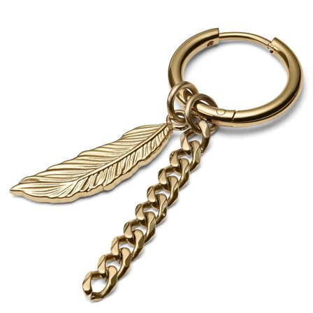 Złocisty stalowy kolczyk z zawieszką w kształcie pióra i łańcuszkiem dla mężczyzn - Kolczyki kółeczka z zawieszką