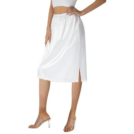 Halvlangt underskjørt for dame med elastisk midje, ensfarget satengskjørt med blondekant, kort underskjørt (størrelse M) hvit knelengde