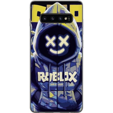 Kompatibelt Mobildeksel til Samsung Samsung Galaxy S10 Blågul Roblox hettegenserfigur med minimalistisk neonstil og masket ansikt, moderne spillillus