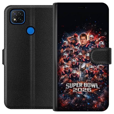 Yhteensopiva Lompakkokotelo Xiaomi Redmi 9C Super Bowl 2026 juliste, jossa New England Patriots ja NFL-mestaruuspalkinto räjähtävän urheilullisessa su