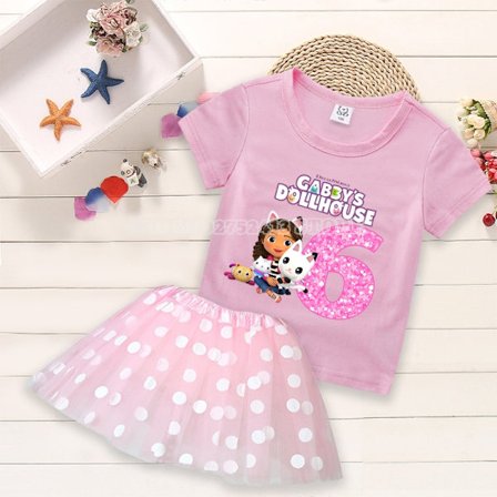 Gabby Dollhouse Barn T-shirt Klänning Tecknad Sommar Mode Set Polka Dot Print Rund Hals Rosa Siffror Kläder Flickor Födelsedagspresent