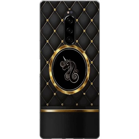 Yhteensopiva Puhelinkuori Sony Xperia 1 Yksisarvisena koriste mustassa ja kultaisessa