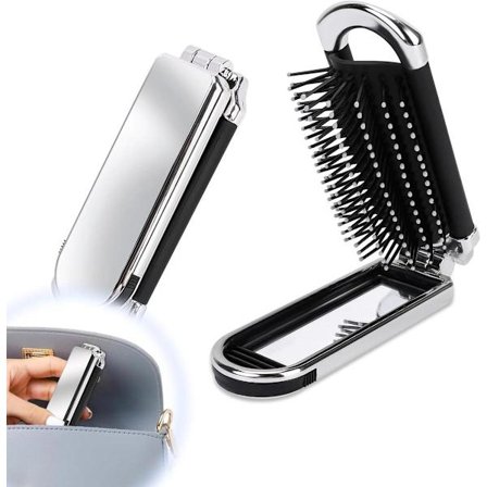 Allecto Plus, Sammenleggbar reisehårbørste med speil og mini-massasjebørste, kompakt og sammenleggbar, ideell for treningsstudio og reise