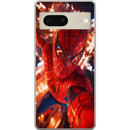 Kompatibelt Mobilskal till Google Google Pixel 7 Spider Man i intensiv action med gnistrande ljus och dynamiskt perspektiv i filmisk superhjältestil